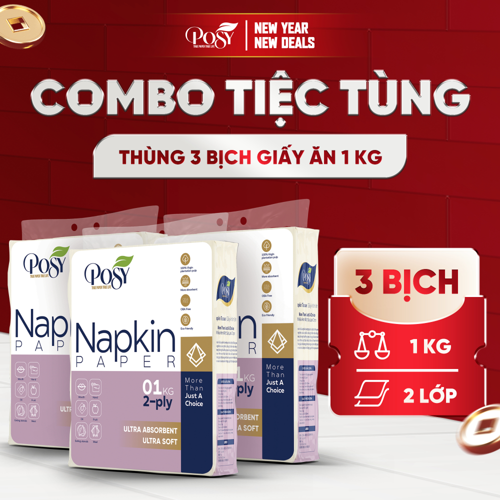  DEAL HỊN -Thùng 3 bịch giấy ăn vuông POSY 1 kg 2 lớp,siêu dai thấm hút tốt an toàn cho da kích thước 240*230mm 