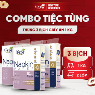  DEAL HỊN -Thùng 3 bịch giấy ăn vuông POSY 1 kg 2 lớp,siêu dai thấm hút tốt an toàn cho da kích thước 240*230mm 