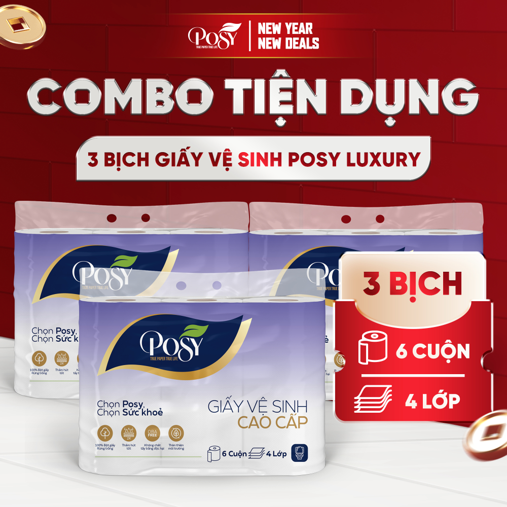[COMBO TIỆN DỤNG] COMBO 18 cuộn khăn GVS 4 lớp cao cấp Posy mềm mịn, dày hơn, tiết kiệm hơn