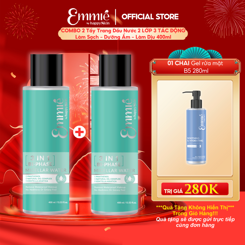 [Võ Hà Linh x Emmie] COMBO 2 chai Tẩy Trang 2 Lớp 3 In 1 Bi-Phase Micellar Water 400mlx2 TẶNG 1 Gel 