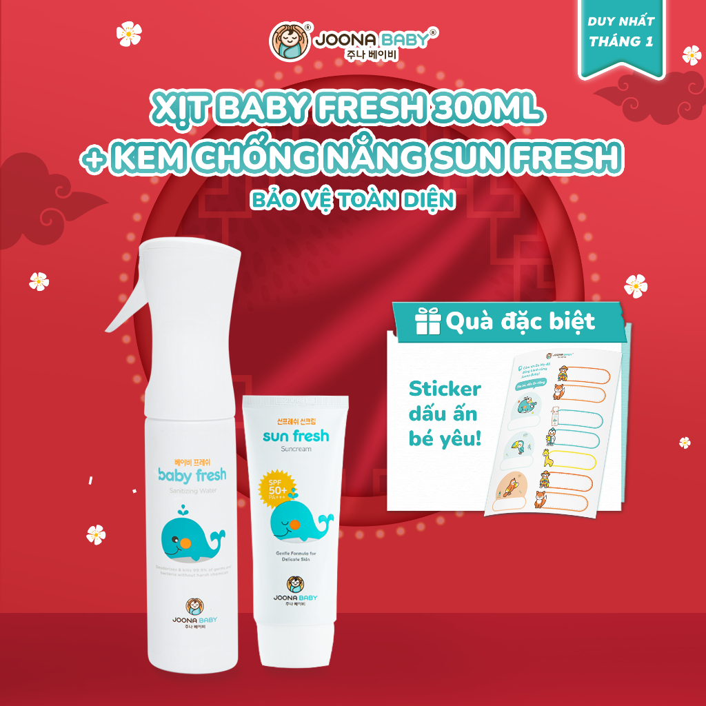 Combo xịt đa năng Baby Fresh giúp khử khuẩn,khử mùi và phòng bệnh cho bé 300ml + kem chống nắng Sun 