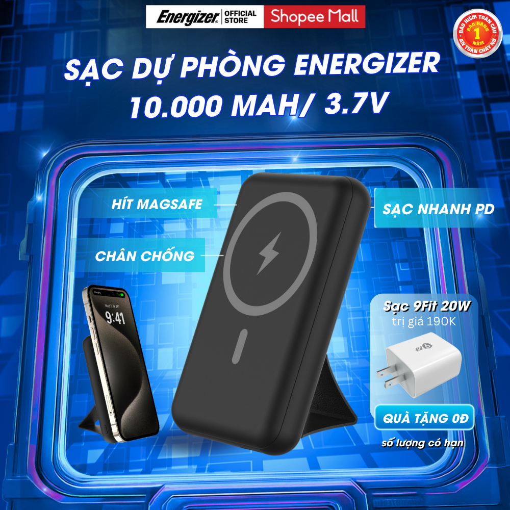 Sạc Dự Phòng Không Dây Magsafe Energizer 10000mAh Sạc Nhanh PD 20W, 3 Cổng Sạc Ra, Bảo Hành 1 Năm