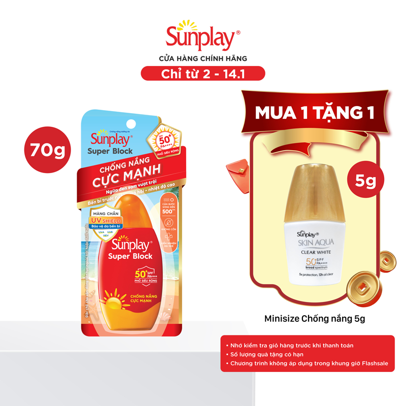  Kem chống nắng Sunplay cực mạnh ngừa đen sạm da hiệu quả dạng sữa Sunplay Super Block SPF 50+ PA++++ 70g 