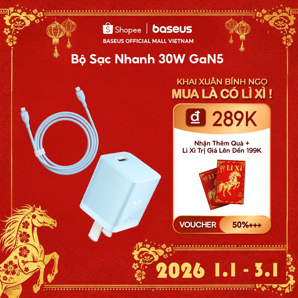  Củ Sạc Baseus 30W GaN5 Hỗ Trợ Sạc Nhanh PD QC PPS với Cáp Type C cho phone kèm dây 30W 