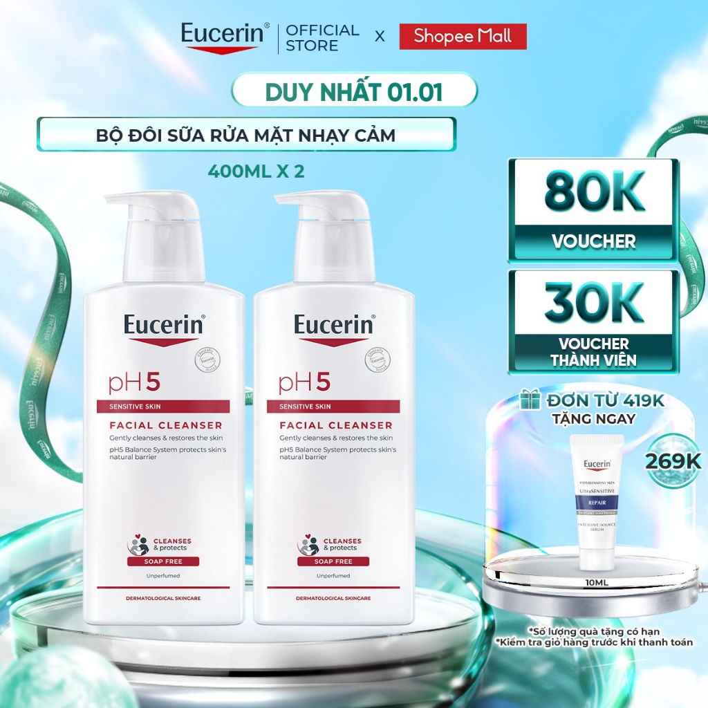  Bộ 2 Sữa rửa mặt cho da nhạy cảm Eucerin pH5 Facial Cleanser 400ml  