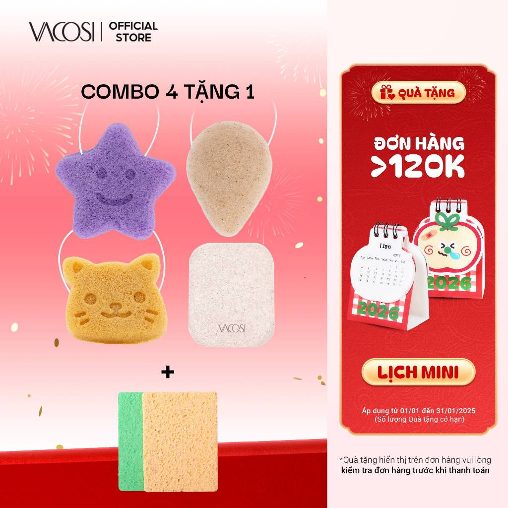 Bông Rửa Mặt Sợi KonJac Lành Tính VACOSI BN02/03/04 Gồm 3 Hình Dáng - VACOSI Konjac Cleansing Sponge
