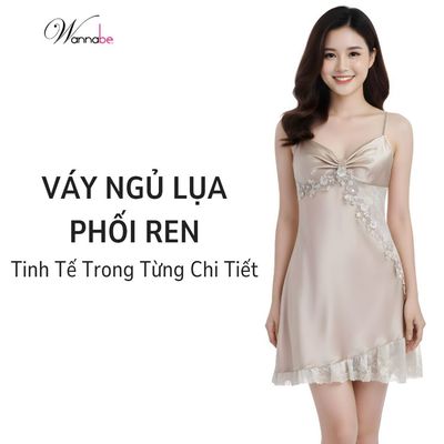 Đầm ngủ nữ WANNABE váy ngủ lụa mịn mát phối ren hông nữ tính hack vòng 1 bằng cúp nơ 2 lớp DNS29