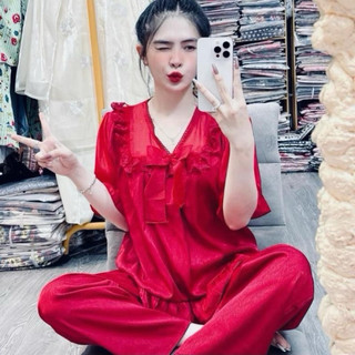  Bộ pijama cổ nơ phối bèo tiểu thư bộ ngủ tay ngắn quần dài chất lụa xước đủ size dễ mặc 