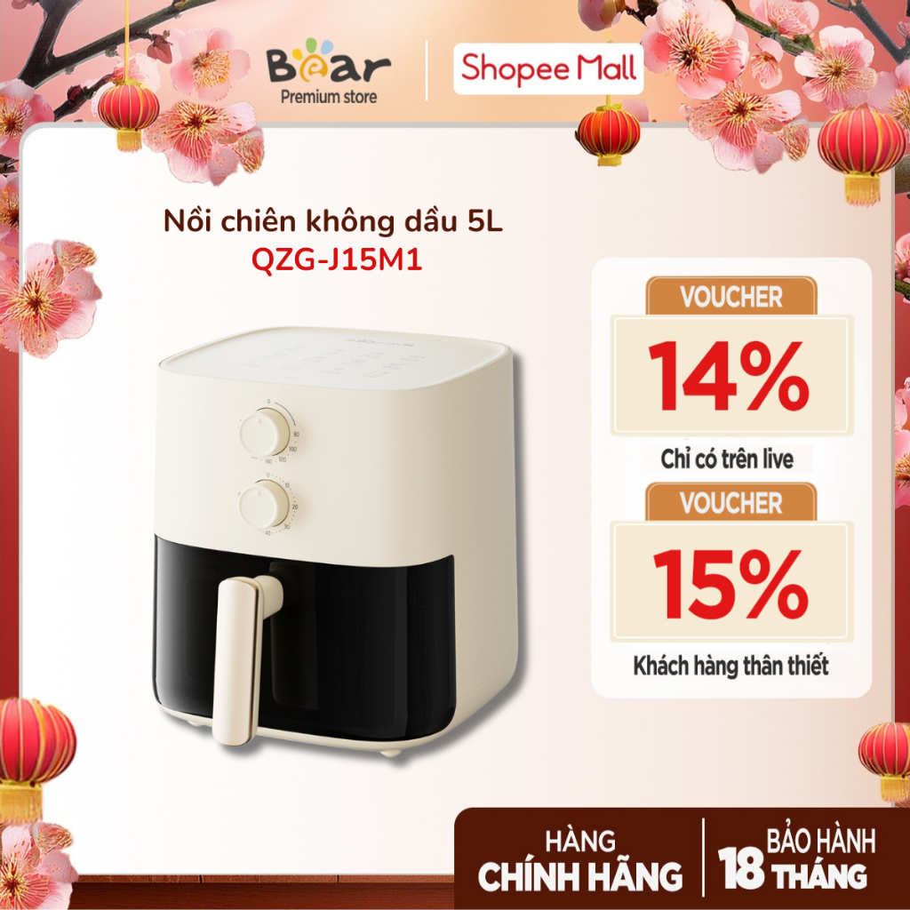 Nồi Chiên Không Dầu 5L Bear QZG-J15M1 (AF-4H15K)/ QZG-H15U8 (AF-5H15Y37) | 1500W - Cửa Kính Trong Su