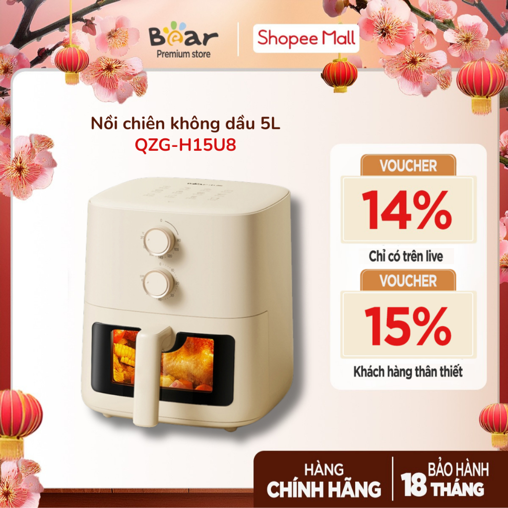 Nồi Chiên Không Dầu 5L Bear QZG-H15U8 (AF-5H15Y37) - Công suất 1500W, Màn hình hiển thị, chịu nhiệt 