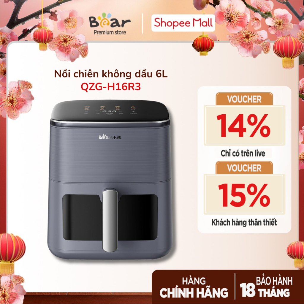 [Bear Premium] Nồi Chiên Không Dầu 6L Bear QZG-H16R3 (AF-4H16K) | 1600W - Thiết Kế 4D - 2 Tốc Độ Gió