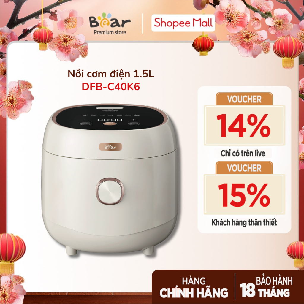Nồi cơm điện 1.5L Bear DFB-C40K6 (RC-4H40E), 800W - Chống dính 5 lớp - 6 chế độ nấu, Bảo hành 18 thá