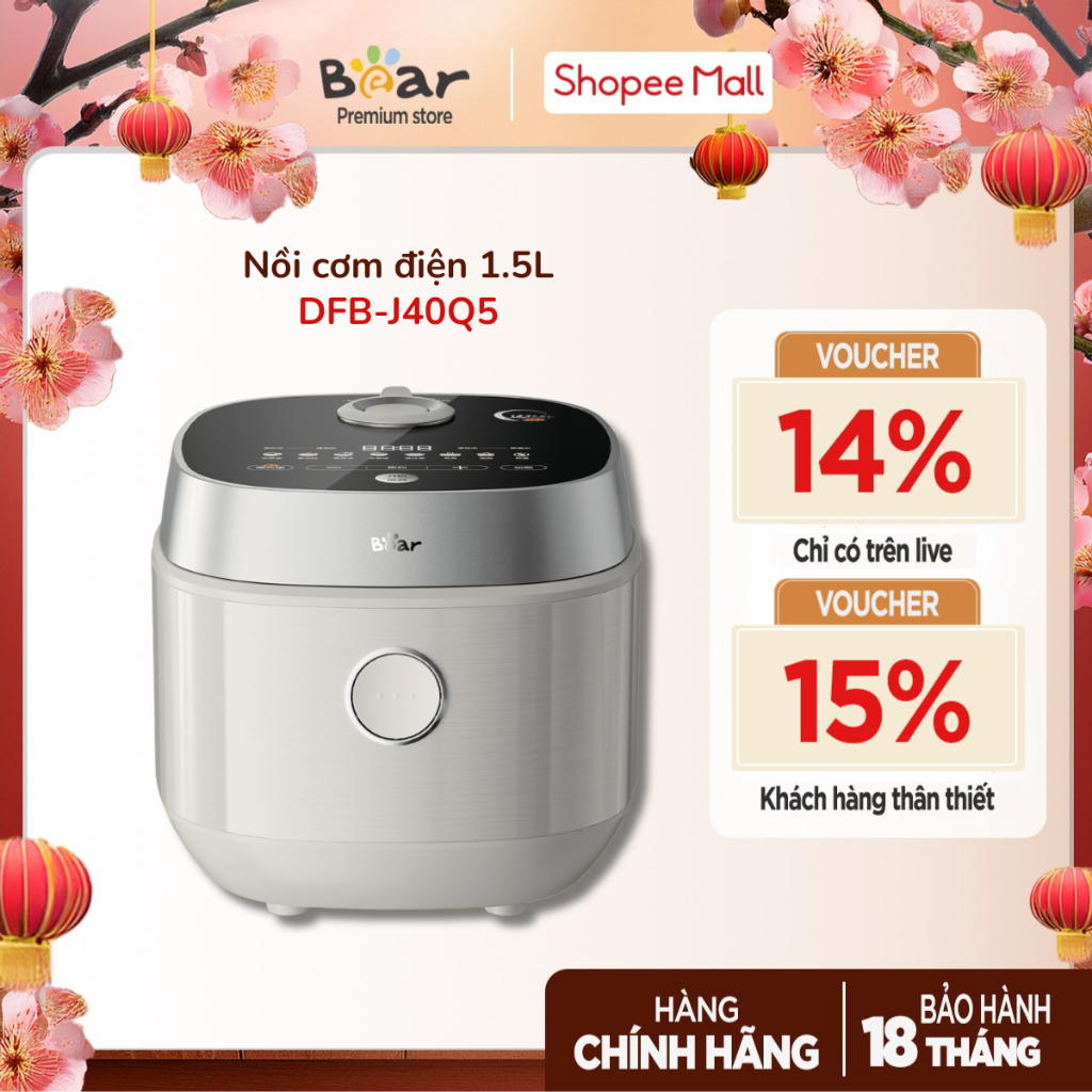 Nồi cơm điện 1,5L Bear DFB-J40Q5 (RC-4H40Y) | 800W - Ceramic Pro 9H - 8 chế độ nấu tùy chỉnh - Van g