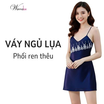 Đầm ngủ WANNABE váy ngủ 2 dây lụa mềm mịn mát kiểu đơn giản dễ mặc phối ren Nhật siêu xinh DNS17