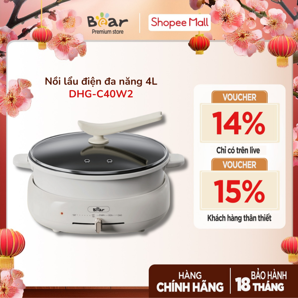 Nồi Lẩu Điện Đa Năng Bear DHG-C40V2 (HP-4H40F)/DHG-C40W2 (HP-4H40D)Đế Tách Rời, Sôi Nhanh, Tiết Kiệm