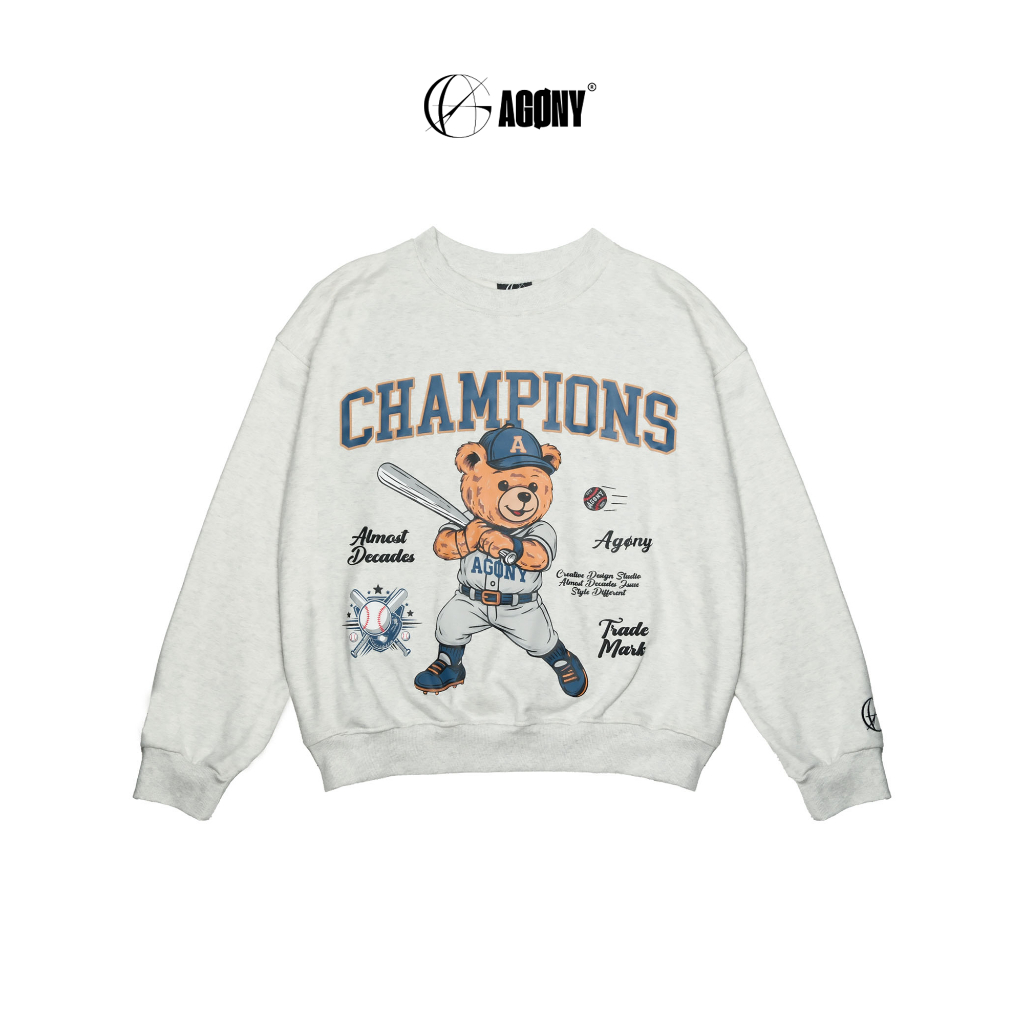 Áo Sweater Nỉ Gấu Bóng Chày Champions In Nổi Cotton Xám - Agony Story