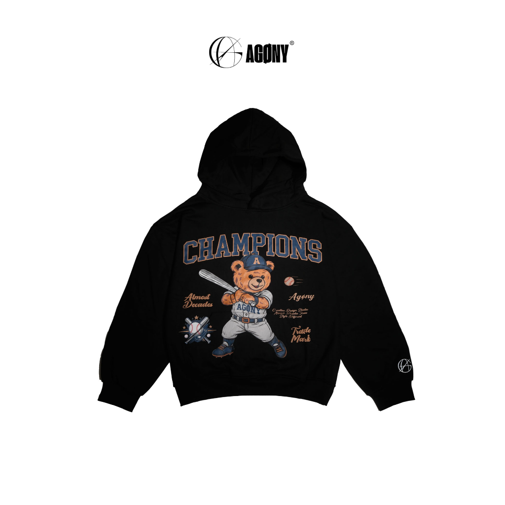 Áo Hoodie Nỉ Gấu Bóng Chày Champions In Nổi Cotton Unisex Đen - Agony Story