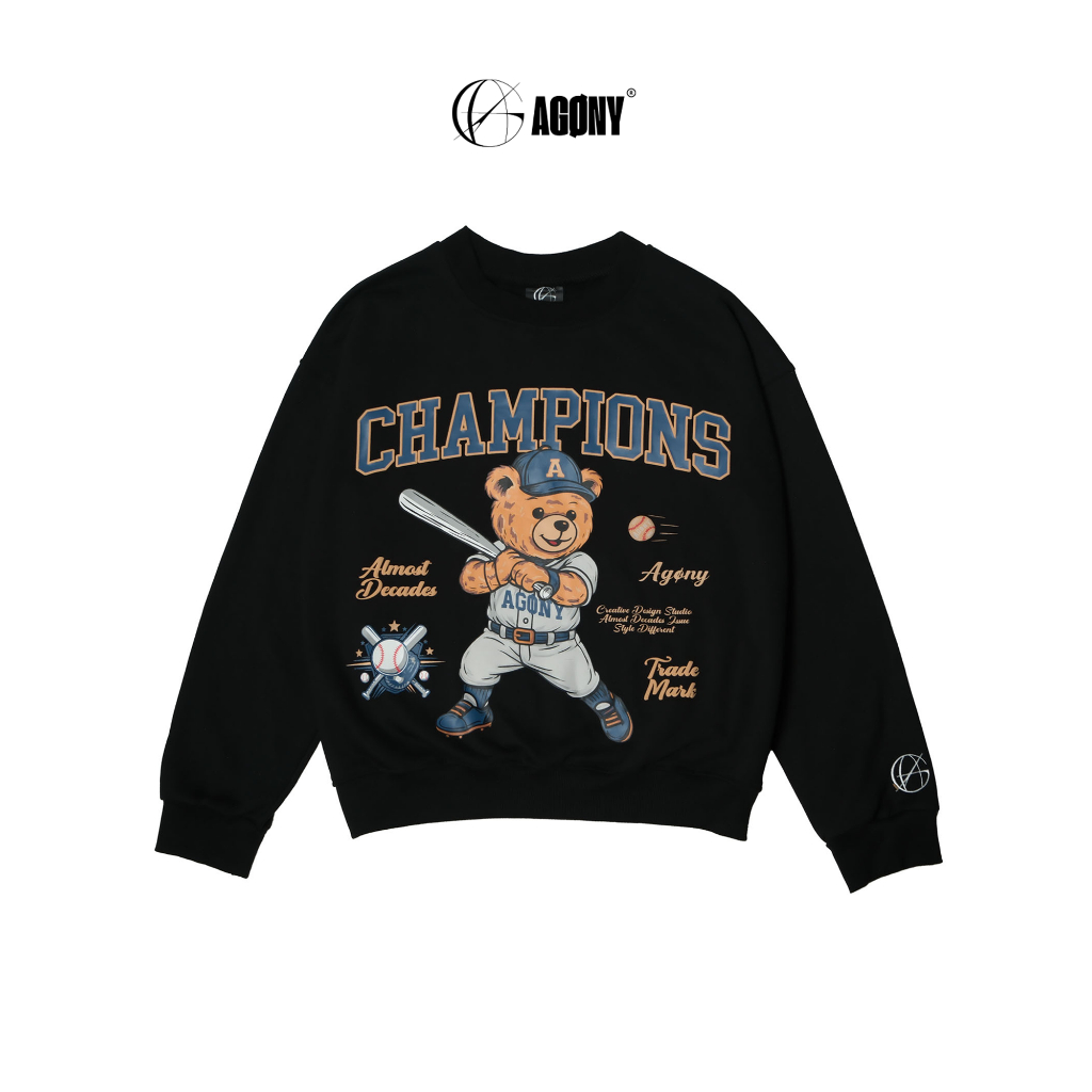Áo Sweater Nỉ Gấu Bóng Chày Champions In Nổi Cotton Đen - Agony Story