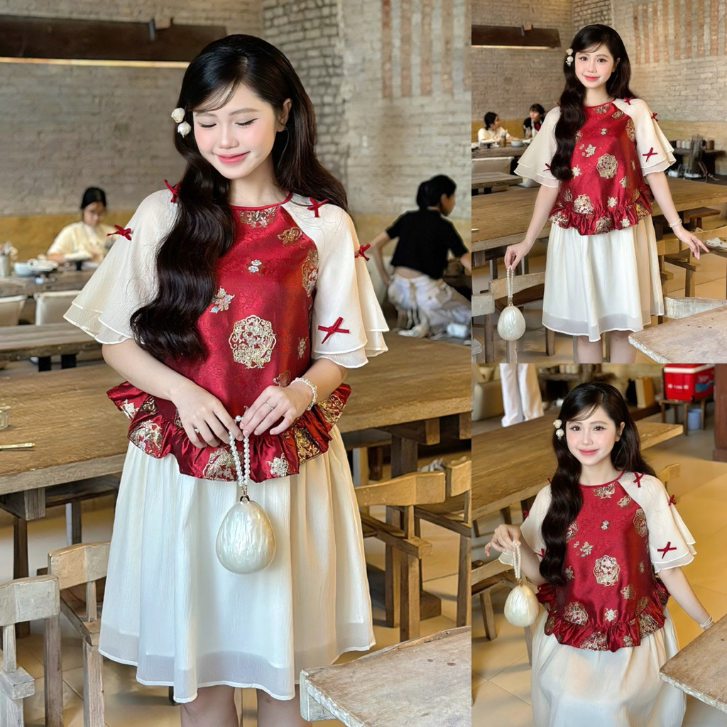 EVERMOM l Đầm bầu Tết Mega vải gấm phối tay voan nơ tùng liền sang chảnh cho mẹ mang Tết, đi tiệc