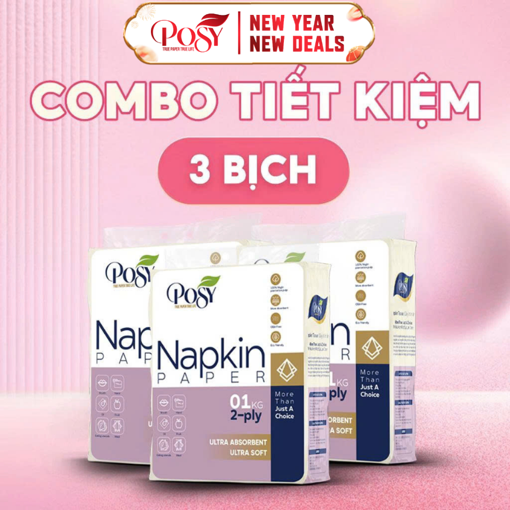 POSY - COMBO 3 BỊCH 3KG Giấy ăn vuông Posy 1kg 2 lớp kt 240x230 mm tiết kiệm, từ bột giấy tự nhiên c