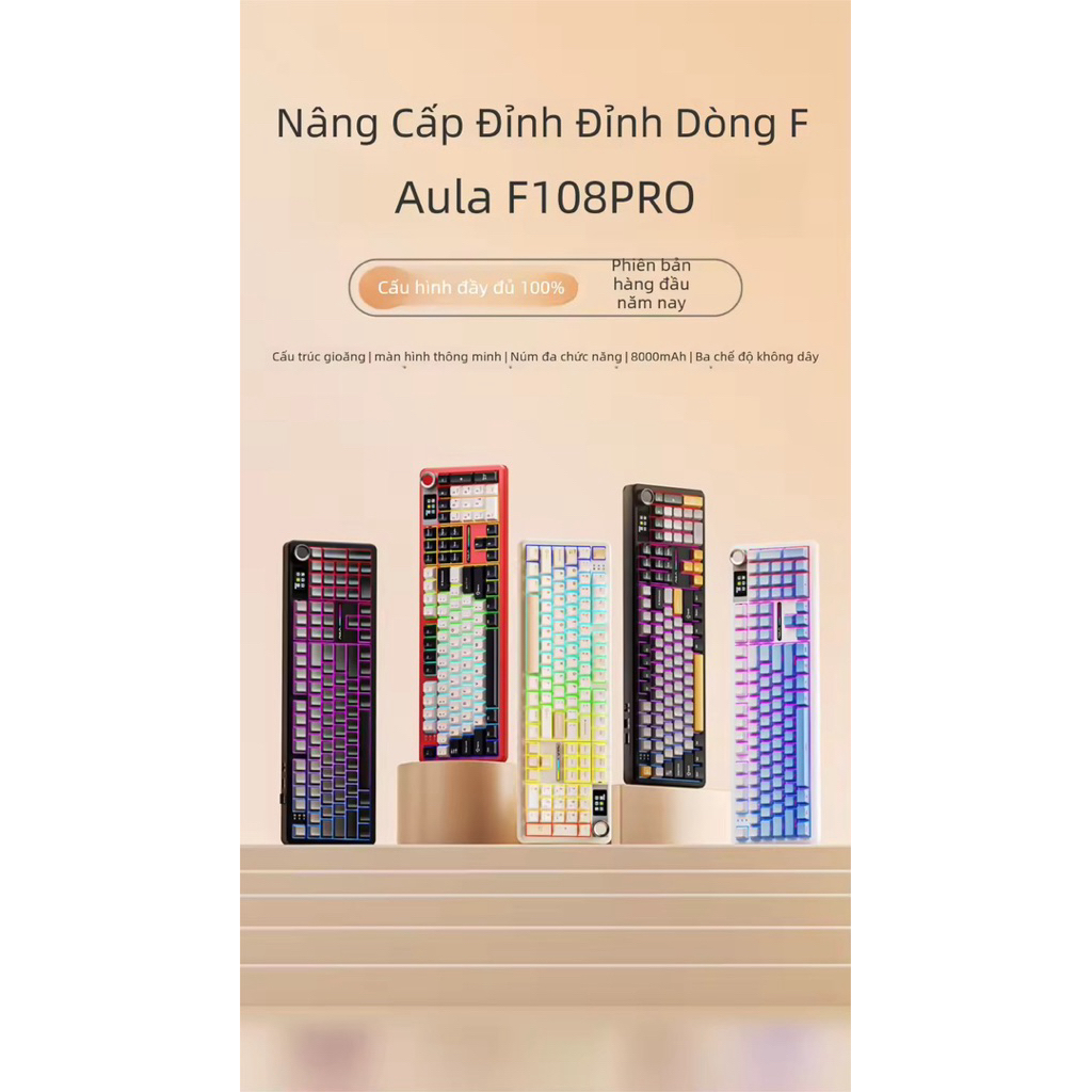 Bàn phím cơ AULA F108 / F108 Pro Fullsize- 3 Mode, Hotswap, LED RGB, Màn hình thông minh, Núm xoay M
