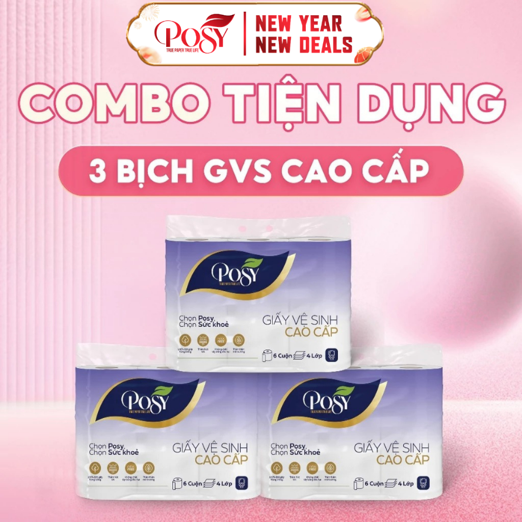 POSY - [COMBO TIỆN DỤNG] COMBO 18 cuộn GVS 4 lớp CÓ LÕI cao cấp Posy mềm mịn, dai, dày, tiết kiệm, t