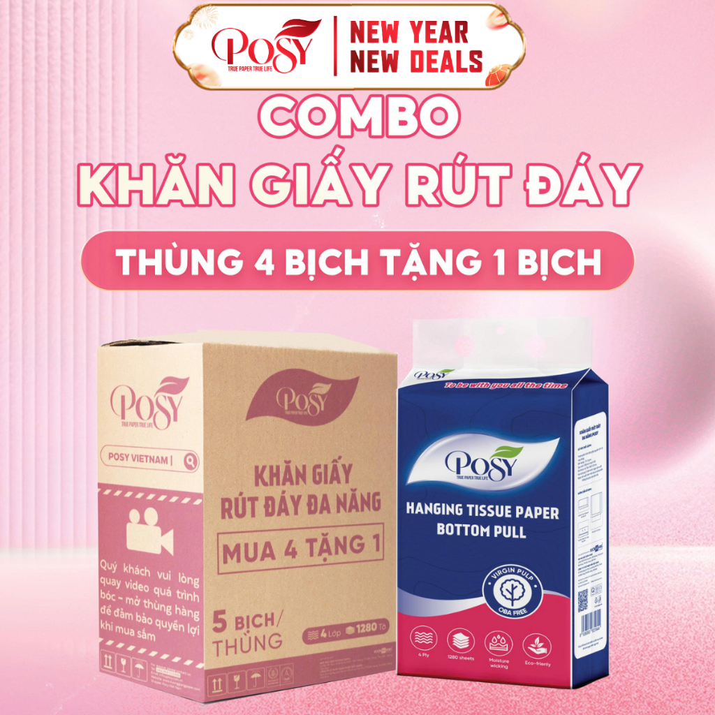 POSY - [DEAL CHỚP NHOÁNG]_COMBO THÙNG 5 BỊCH GIẤY RÚT POSY ĐA NĂNG 1280 TỜ 4 LỚP MỀM MỊN TIẾT KIỆM