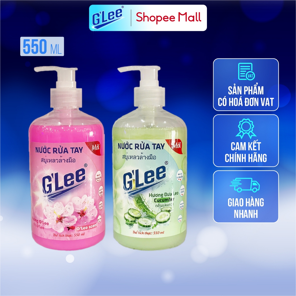 Combo 2 Nước rửa tay GLee cao cấp chai lớn 550ml vòi pump | Dưỡng ẩm | HƯƠNG DƯA LEO + HƯƠNG GLEE