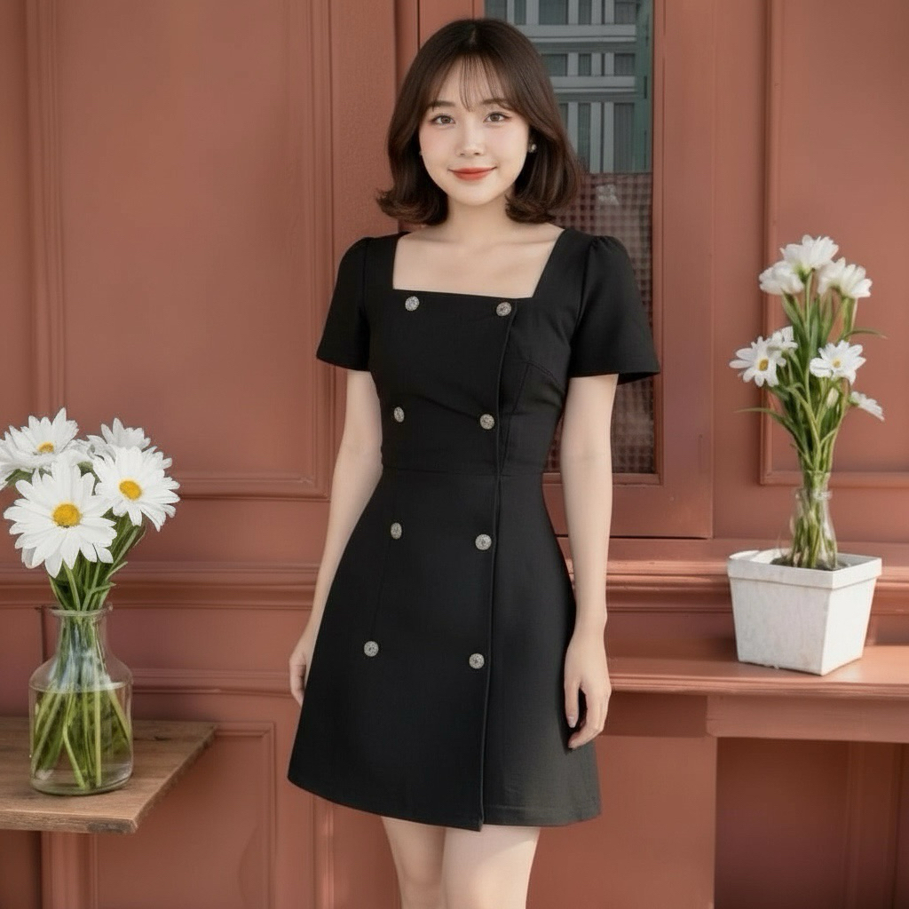 Đầm đen cổ vuông nút dừa, váy công sở dạo phố (kèm hình thật)