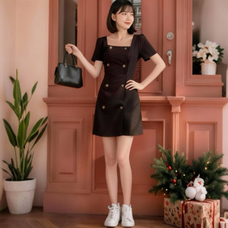 Đầm đen cổ vuông nút dừa, váy công sở dạo phố (kèm hình thật)