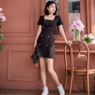 Đầm đen cổ vuông nút dừa, váy công sở dạo phố (kèm hình thật)