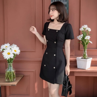 Đầm đen cổ vuông nút dừa, váy công sở dạo phố (kèm hình thật)