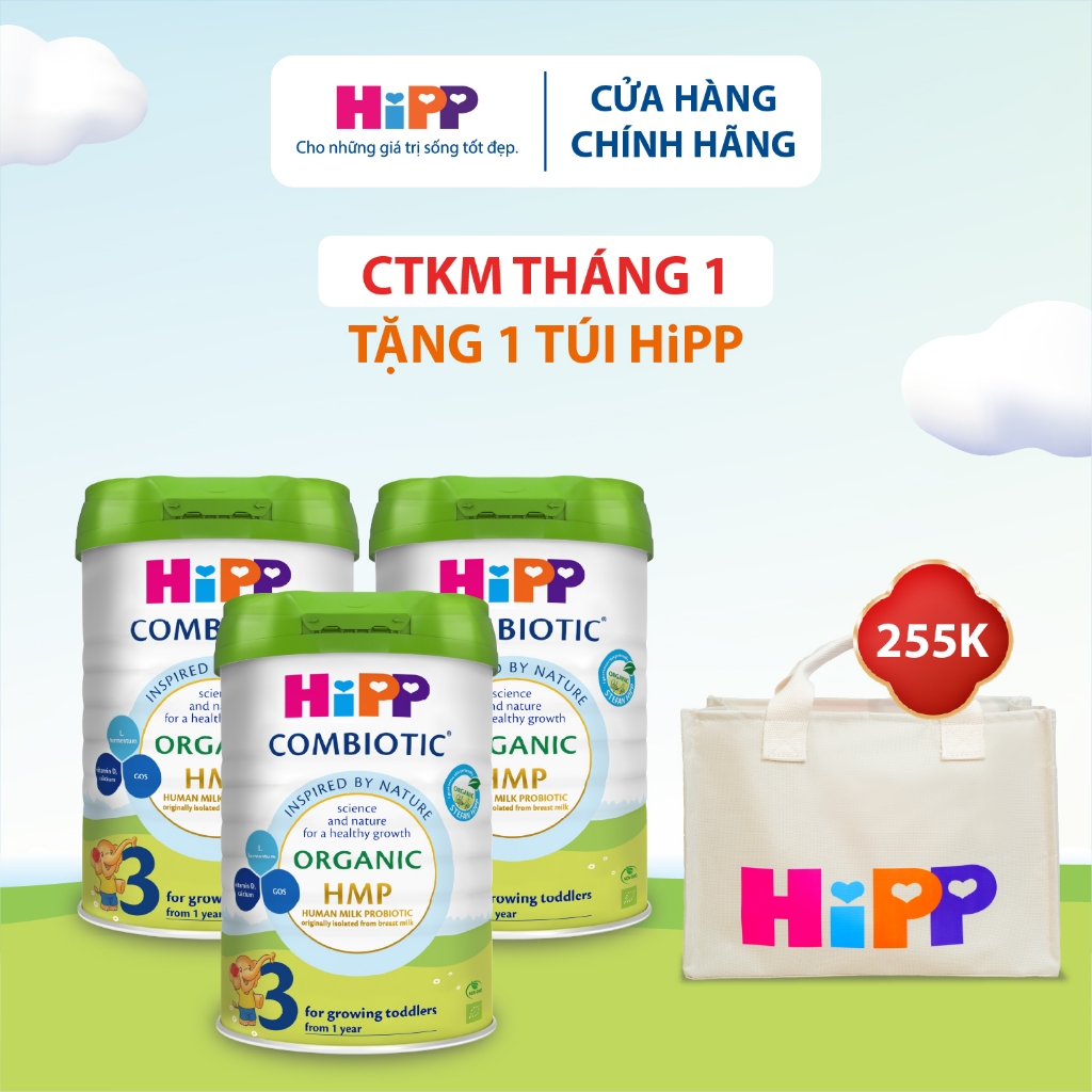 Combo 3 lon Sữa bột công thức HiPP 3 Organic Combiotic 800g hỗ trợ tiêu hóa và tăng chiều cao
