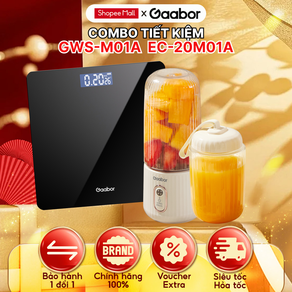 Combo Gaabor Cân sức khỏe điện tử thông minh GWS-M01A và máy xay sinh tố cầm tay FP03T-WH01A