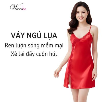 Đầm ngủ lụa WANNABE váy ngủ nữ xẻ đùi viền ren lượn sóng khoe chân dài quý phái sang trọng DNS59