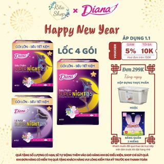   LỐC 4 GÓI  Băng Vệ Sinh Ban Đêm Diana Siêu Thấm Super Night 29cm - 35cm 12 Miếng 