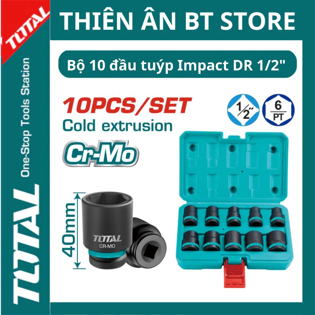 Bộ 10 Đầu Tuýp Impact DR 1/2 inch TOTAL THISTD12101 Chất Liệu: CrMo Chiệu Nhiệt