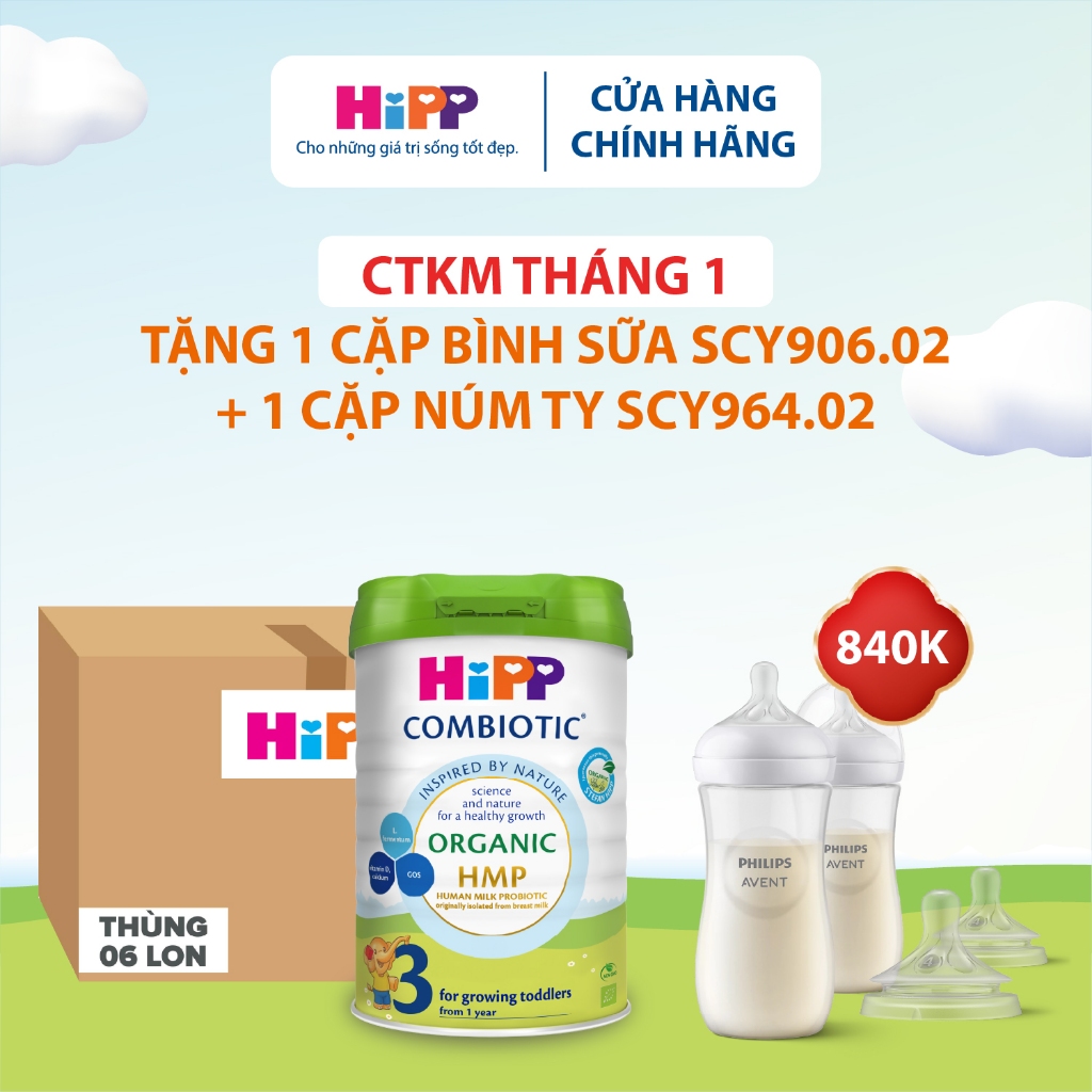 [Tặng cặp bình SCY906.02 + cặp núm SCY964.02]  - Thùng 6 lon Sữa bột công thức HiPP 3 Organic Combio