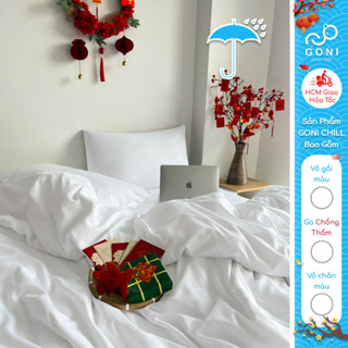  Bộ vỏ chăn mền ga gối GONI CHILL Chống Thấm màu Trắng - Ga drap giường bo chun cao 4-25cm kích thước 1m4,1m6,1m8,2m,2m2 
