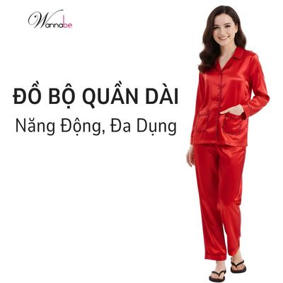 Đồ bộ mặc nhà pyjama nữ WANNABE đồ bộ quần dài phối áo tay dài có hai túi bo tròn xinh xắn BDS44