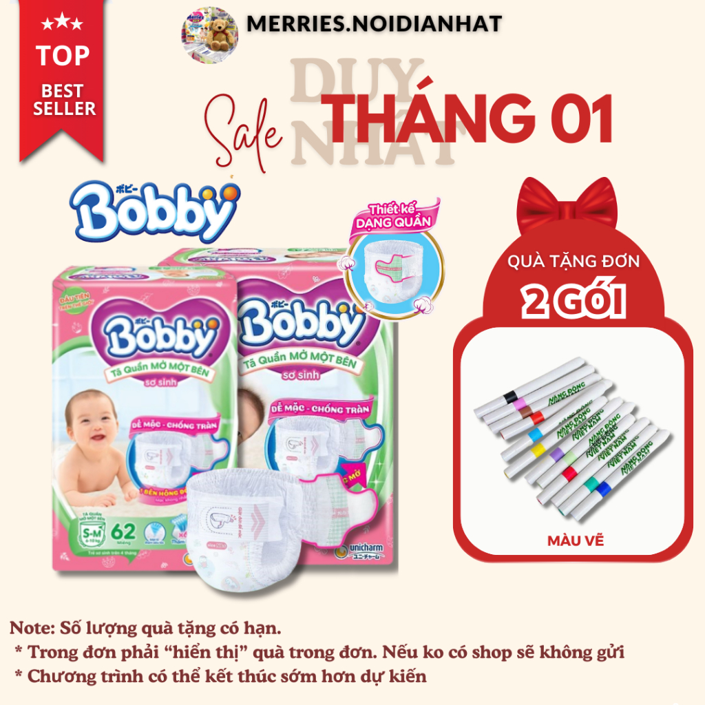 [MỚI] TÃ QUẦN MỞ MỘT BÊN BOBBY HỒNG size NB-s 74 miếng (3 - 8 kg) S-m 62 miếng (6 - 10 kg)