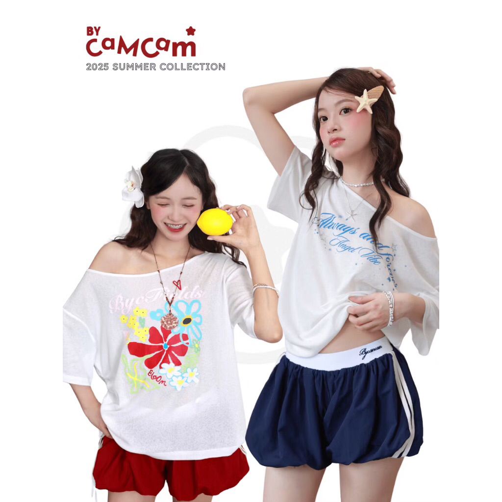 [Pass] Áo thun giấy lệch vai cộc tay xuyên thấu nhẹ nhà By. Cam.cam màu hoa đỏ