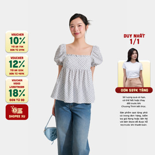  MARC FASHION Áo Kiểu Nữ Babydoll Họa Tiết Cổ Vuông Phối Bèo Tay Phồng - CBNH011425 