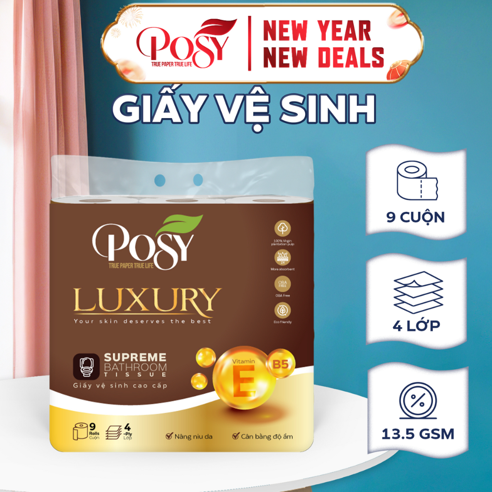 Combo 2 Bịch Giấy Vệ Sinh Posy Luxury 9 Cuộn 4 Lớp Có Lõi, Dày Mềm Mịn Êm Ái Khi Lau Trên Da