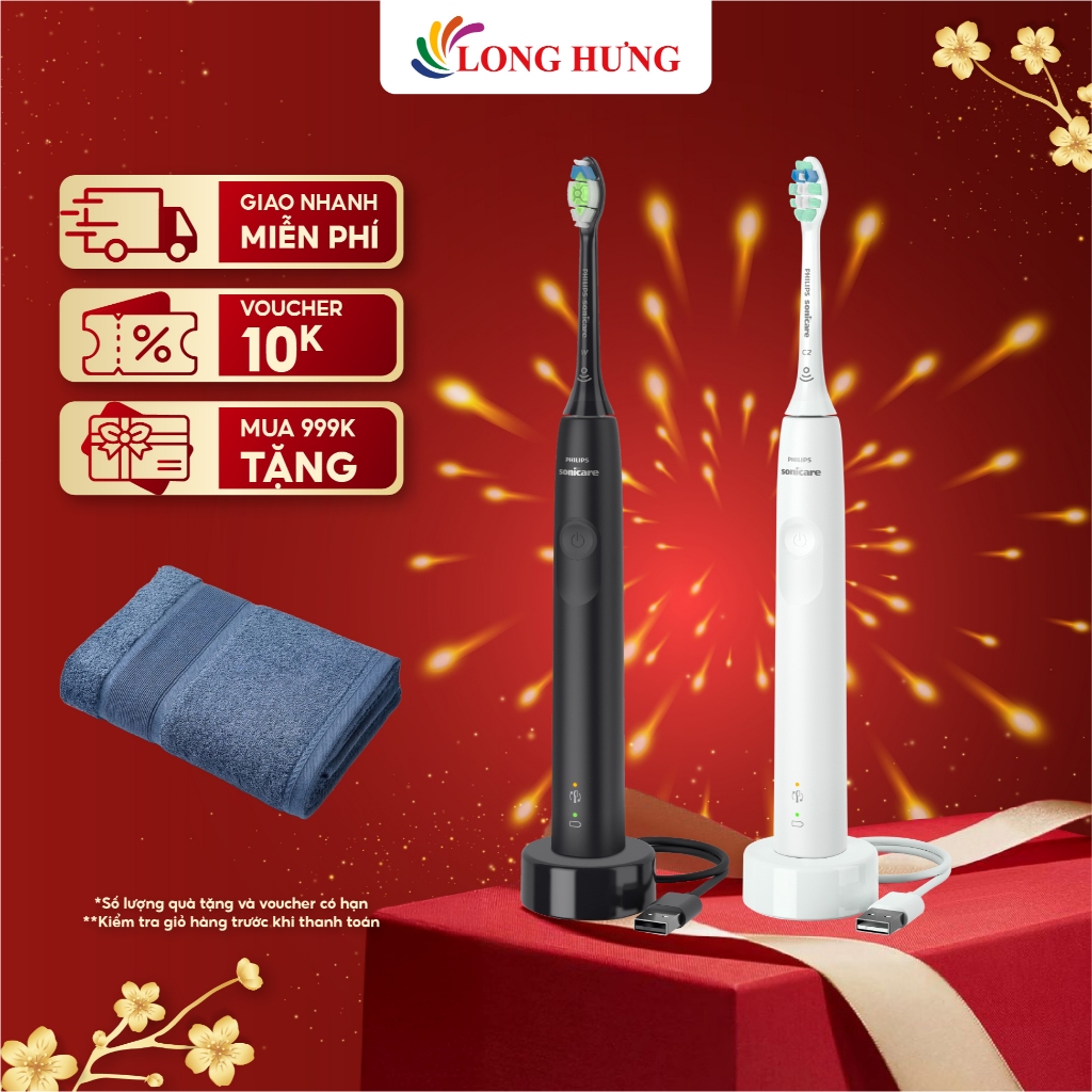 Bàn chải điện Philips Sonicare 3100 - Màu Đen, Sóng âm 62.000 lần/phút, Pin sạc Lithium-ion