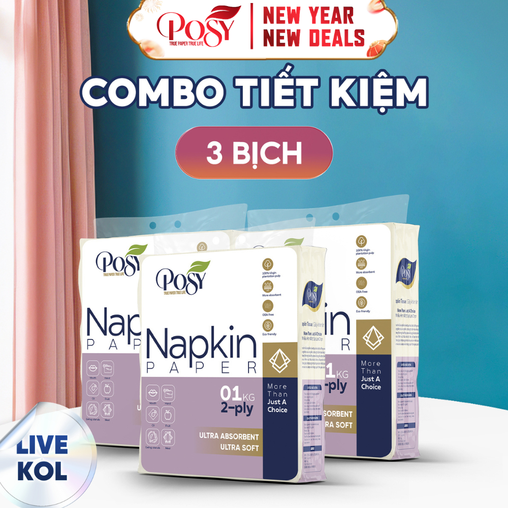 [Posy - Deal Hời] Combo 3 Bịch Giấy Ăn Posy 1kg 2 Lớp Kích Thước Lớn 240x230mm Dai Mềm Và Thấm Hút