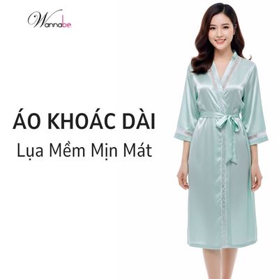 Áo choàng ngủ lụa mịn WANNABE Kimono dáng dài viền ren hoa full cổ áo rất sang trọng quý phái KIS11