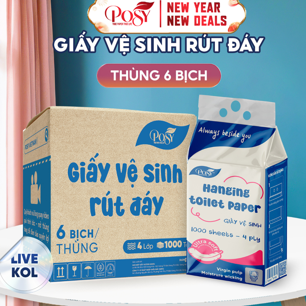 [LIVE KOL]_POSY_GIẤY VỆ SINH RÚT ĐÁY _ S3_Thùng 6 bịch giấy vệ sinh rút đáy 1000 tờ 4 lớp dập vân 4D