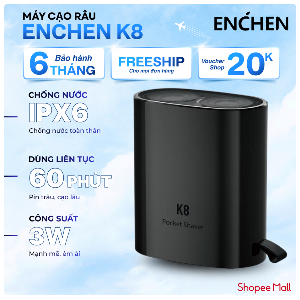 [CHÍNH HÃNG] Máy Cạo Râu Enchen K8 Lưỡi Dao Tự Mài, Đầu cạo nổi 2D, Pin dùng 2 tháng, Chống Nước Toà