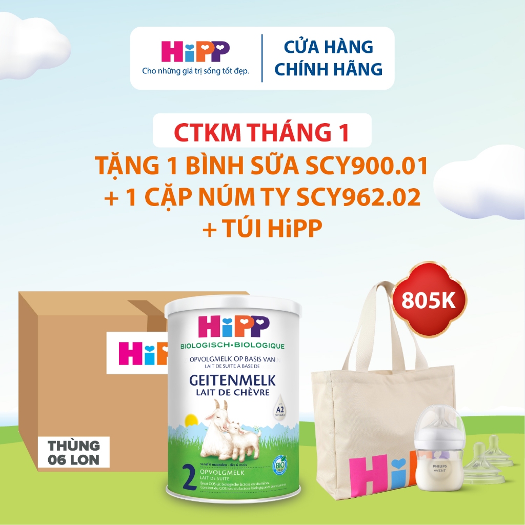 [Tặng bình SCY900.01+cặp núm SCY962.02+Túi HiPP2] Thùng 6 lon sữa dê HiPP 2 Organic 400g - Giúp bé p